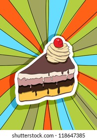 Pop art graphic background with a hand drawn illustration of a slice of cake, food conceptual graphic