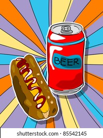 Pop Art Graphic Background With Hot Dog And Beer Can, Junk Food Conceptual Graphic