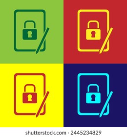Pop art Graphic tablet with closed padlock icon isolated on color background. Phone with lock. Mobile security, safety, protection concept.  Vector