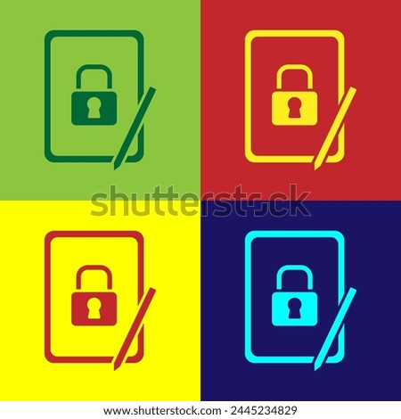 Pop art Graphic tablet with closed padlock icon isolated on color background. Phone with lock. Mobile security, safety, protection concept.  Vector