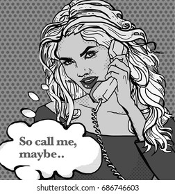 Pop art gray retro red lips sexy girl with phone. Sexy blonde girl with phone. Pop art poster with text So call me, maybe.