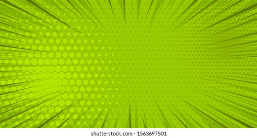 Pop art green comics book cartoon magazine cover. Cartoon funny retro pattern strip mock up. Vector halftone illustration. Vintage backdrop for comic superhero text, speech bubble, message.