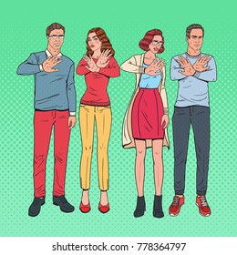 Pop Art Group of People Gesturing Stop Hand Sign. Man and Woman Refusing from Something. Vector illustration