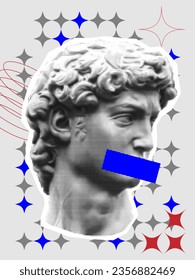 Pop art grunge poster with greece modern faces. Brutalist style. Minimalistic basic figures, extraordinary elements of geometrical shapes composition. Psychedelic design in dadaism, Y2K trendy style
