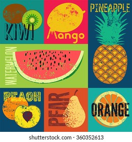 Pop Art grunge style fruit poster. Collection of retro fruits. Vintage vector set of fruits.