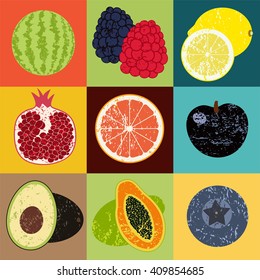 Pop Art grunge style fruit poster. Collection of retro fruits. Vintage vector set of fruits.