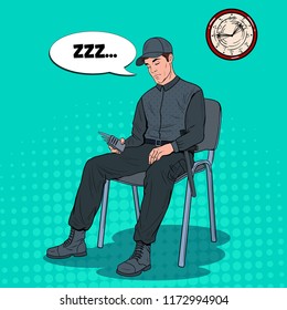 Pop Art Guard Man Sleeping at Work. Security Worker Resting on Armchair at Workplace. Vector illustration