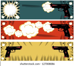 Pop art guns banners set styled illustration on a crime based theme boom