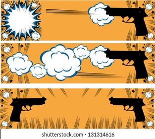 Pop art guns banners set styled illustration on a crime based theme boom