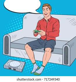 Pop Art Guy Playing Videogame on a Game Console. Computer Gaming. Vector illustration