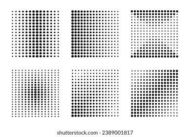 Pop art half tone dotted black isolated elements set. Gradient imitation with different size points. Trendy abstract retro and modern graphic backgrounds. Square composition.