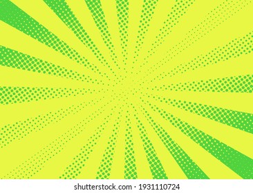 Pop art halftone background. Comic starburst pattern. Cartoon retro sunburst effect. Yellow green banner with dots and rays. Vintage duotone texture. Superhero wow banner. Vector illustration.