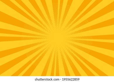 Pop-Art-halftone-Hintergrund. Comisches Starburstmuster. Gelbes Banner mit Punkten und Strahlen. Cartoon Retro-Sonnenbursteffekt. Vintage-Duotonstruktur. Vektorgrafik. Superheld wow Banner.