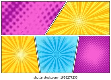 Pop art halftone background. Comic starburst pattern. Cartoon banner with dots and rays. Sunburst effect. Set vintage duotone textures. Vector illustration. Superhero banner. Gradient wow design.