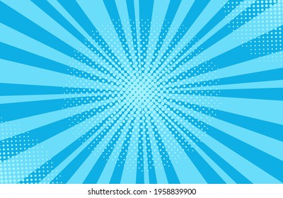 Pop art halftone background. Comic starburst pattern. Blue cartoon banner with dots and beams. Vintage duotone texture. Gradient wow design. Superhero starburst banner. Vector illustration.