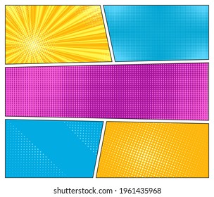 Pop art halftone background. Comic starburst pattern. Set cartoon banners with dots and rays. Superhero starburst backdrop. Vintage duotone texture. Gradient wow design. Vector illustration.