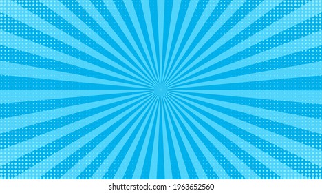 Pop Art Halftone Background. Comic Starburst Pattern. Blue Banner With Dots And Rays. Cartoon Retro Sunburst Effect. Vintage Duotone Texture. Superhero Wow Banner. Vector Illustration.