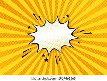 Pop art halftone background. Comic starburst pattern. Cartoon texture with speech bubble, dots and beams. Sunburst effect. Vintage duotone banner. Vector illustration. Superhero gradient design.