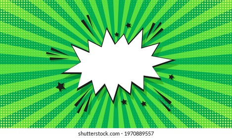 Pop art halftone background. Comic starburst pattern. Cartoon retro sunburst effect. Green banner with speech bubble, dots and beams. Vintage duotone texture. Superhero wow print. Vector illustration.