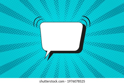 Pop art halftone background. Comic starburst pattern. Turquoise banner with speech bubble, dots and beams. Vintage duotone texture. Gradient wow design. Cartoon superhero banner. Vector illustration.