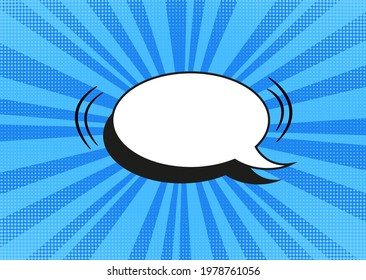 Pop art halftone background. Comic starburst pattern. Blue cartoon banner with speech bubble, dots and beams. Vintage duotone texture. Superhero wow print. Gradient design. Vector illustration.