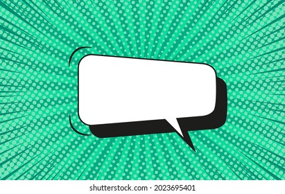 Pop art halftone background. Comic starburst pattern. Aquamarine banner with speech bubble, dots and beams. Vintage duotone texture. Gradient wow design. Cartoon superhero banner. Vector illustration.