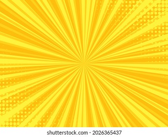Pop art halftone background. Comic starburst pattern. Yellow cartoon print with dots and beams. Vintage duotone texture. Superhero wow banner. Gradient backdrop. Vector illustration.