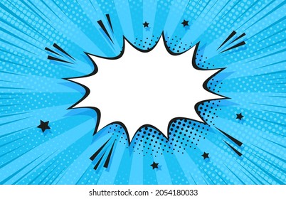 Pop art halftone background. Comic starburst pattern. Blue banner with star speech bubble. Vintage duotone texture. Gradient wow design. Cartoon superhero print. Vector illustration.