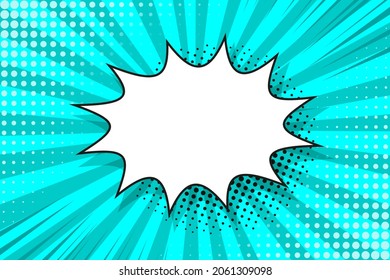 Pop art halftone background. Comic starburst pattern. Aquamarine banner with speech bubble, dots and beams. Cartoon superhero print. Gradient wow design. Vintage duotone texture. Vector illustration.