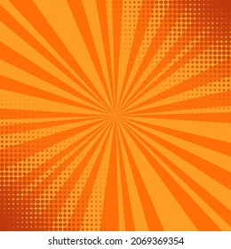 Pop art halftone background. Comic starburst pattern. Orange cartoon print with dots and beams. Superhero wow banner. Vintage duotone texture. Gradient backdrop. Vector illustration.