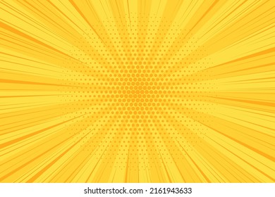 Pop art halftone background. Comic starburst pattern. Yellow cartoon print with dots and beams. Vintage duotone texture. Gradient backdrop. Superhero wow banner. Vector illustration.