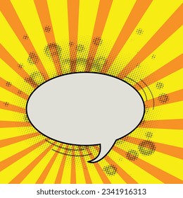 Pop art halftone background. Comic starburst pattern. Vintage duotone texture. White empty speech comic bubble with  stars and dots background. Vector illustration.