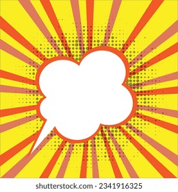 Pop art halftone background. Comic starburst pattern. Vintage duotone texture. White empty speech comic bubble with  stars and dots background. Vector illustration.