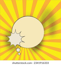 Pop art halftone background. Comic starburst pattern. Vintage duotone texture. White empty speech comic bubble with  stars and dots background. Vector illustration.