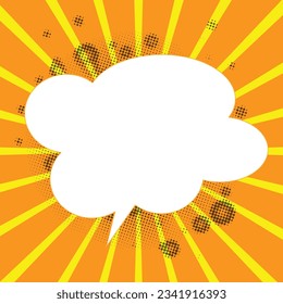Pop art halftone background. Comic starburst pattern. Vintage duotone texture. White empty speech comic bubble with  stars and dots background. Vector illustration.