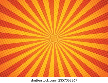 Pop art halftone background. Comic starburst pattern. sunburst effect. Cartoon banner with dots and rays. Vintage duotone texture. Vector illustration. Superhero banner. Gradient wow design.