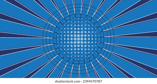 Pop art halftone background. Comic starburst pattern. Cartoon retro sunburst effect. Blue banner with dots and rays. Vintage duotone texture. Vector illustration