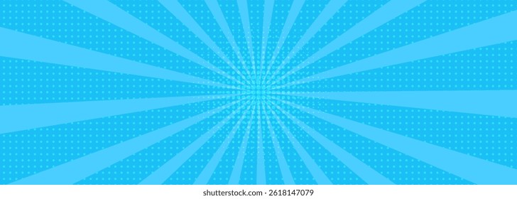 Pop art halftone background. Comic starburst pattern. Blue banner with star speech bubble. Vintage duotone texture. Gradient wow design. Cartoon superhero print. Vector illustration.