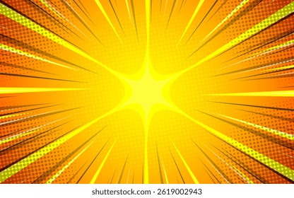 Plano de fundo de meio-tom da arte pop. Padrão estelar cômico. Efeito de explosão de sol retrô. Ilustração vetorial.