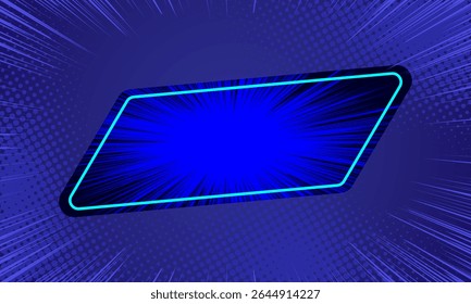 Plano de fundo de meio-tom da arte pop. Padrão estelar cômico com texto de bolha. Efeito de explosão de sol retrô. Banner azul com pontos e raios. Vintage duo Tom textura. ilustração. Banner de super-heróis.