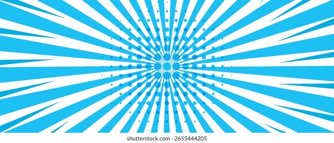 Pop-Art-Halbtonhintergrund. Komisches Sternzeichen-Muster. Cartoon Retro Sonnenaufgang Effekt. Blaues Banner mit Punkten und Strahlen. Vintage Duotone-Textur. Vektorgrafik. Superhelden-Banner. EPS10