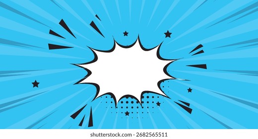 Fondo de semitono de arte Pop. Patrón de estallido estelar cómico. Anuncio azul con la burbuja del discurso de la estrella. Antiguas textura duotona. Gradiente wow diseño. Estampado de superhéroes de dibujos animados. Ilustración vectorial.