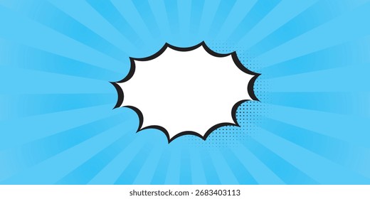 Fondo de semitono de arte Pop. Patrón de estallido estelar cómico. Anuncio azul con la burbuja del discurso de la estrella. Antiguas textura duotona. Gradiente wow diseño. Estampado de superhéroes de dibujos animados. Ilustración vectorial.