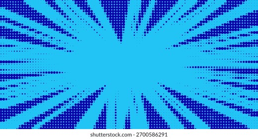 Fondo de semitono de arte Pop. Patrón de estallido estelar cómico. Anuncio azul con la burbuja del discurso de la estrella. Antiguas textura duotona. Gradiente wow diseño. Estampado de superhéroes de dibujos animados. Ilustración vectorial.