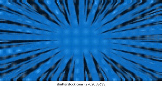 Fondo de semitono de arte Pop. Patrón de estallido estelar cómico. Anuncio azul con la burbuja del discurso de la estrella. Antiguas textura duotona. Gradiente wow diseño. Estampado de superhéroes de dibujos animados. Ilustración vectorial.	
