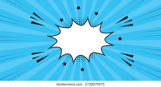 Fondo de semitono de arte Pop. Patrón de estallido estelar cómico. Anuncio azul con la burbuja del discurso de la estrella. Antiguas textura duotona. Gradiente wow diseño. Estampado de superhéroes de dibujos animados. Ilustración vectorial.