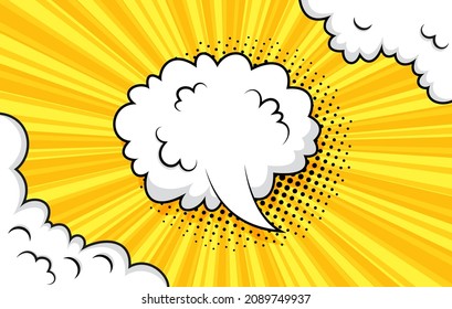 Arte pop de fondo medio tono con nubes de burbujas de habla. Banner divertido al estilo del cómic. Marco amarillo retro con globos de humo y medio tono. Explosión de bomba de caricatura. Huella aérea del cielo. Ilustración del vector