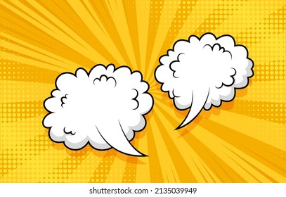 Pop art halftone background with speech bubble clouds. Funny banner in comic style. Cartoon yellow frame with smoke balloons and halftone. Sky air print. Retro bomb explosion. Vector illustration