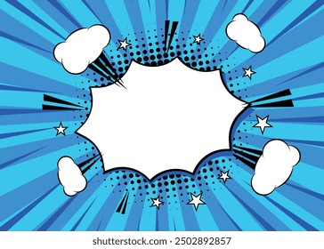 Pop art halftone background with star speech bubble. Blue comic starburst pattern. Vintage halftone shadow. Vector illustration