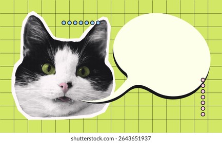 Pop Art halftone Cat with Speech Bubble on Green Grid Background